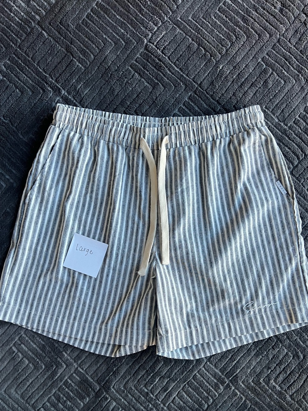 SHEIN Men’s Striped Drawstring Hybrid Shorts in Cream and Gray